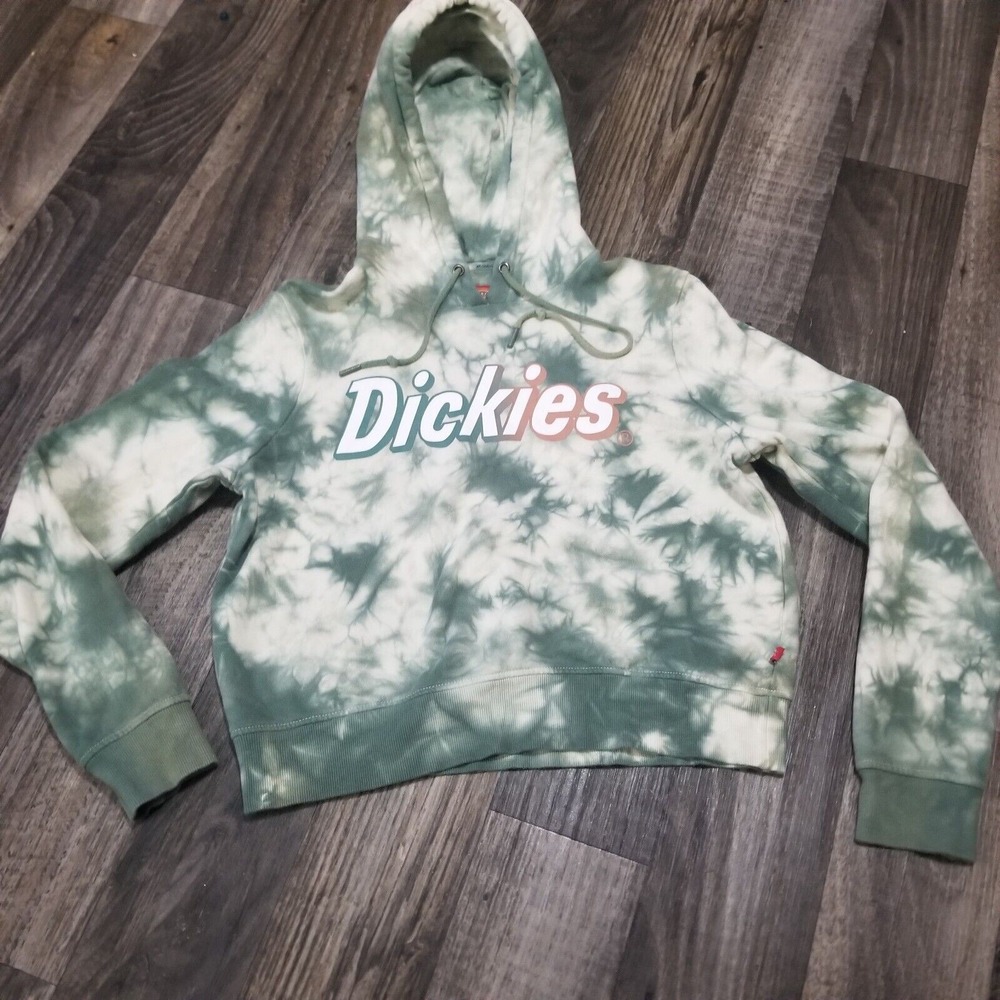 Dickies Hoodie Women's Small Green White Tie dye Cropped Pullover Sweatshirt